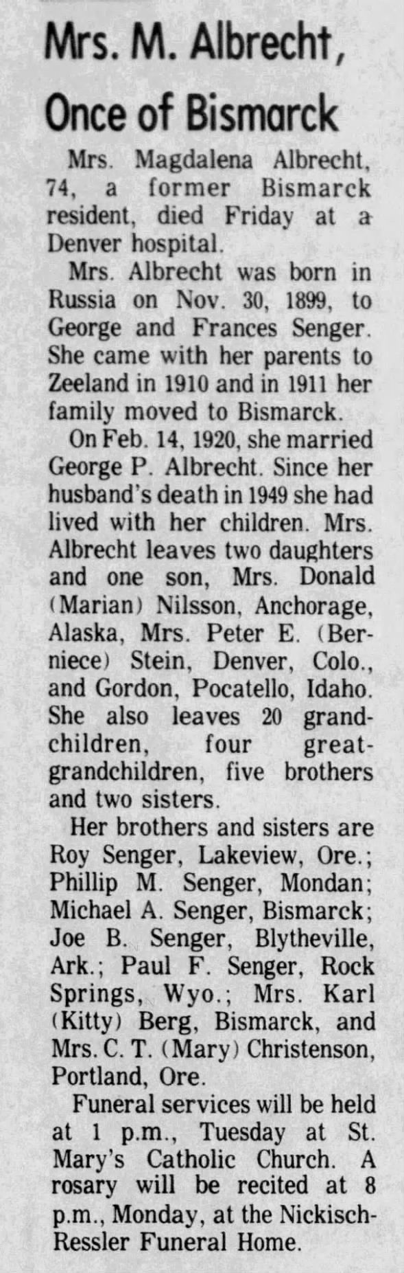 Magdalena Senger Albrecht obituary 1974